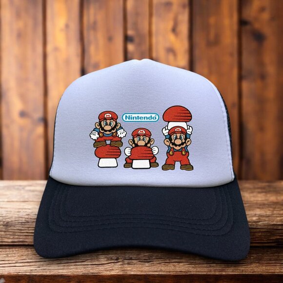 Super Mario Brothers Mens Trucker Hat Black Snapback 80s Retro Logo Video Game - Picture 1 of 4